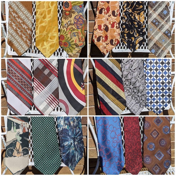 Selection of 1960s-1970s Vintage Ties: polyester, silk, wide, skinny, short, tall, etc.