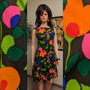 Vintage 1960s Brown & Bright Multicolor Floral Hawaiian Cotton Sleeveless A-line Mini Dress with Keyhole Button Back / 60s 70s Psychedelic