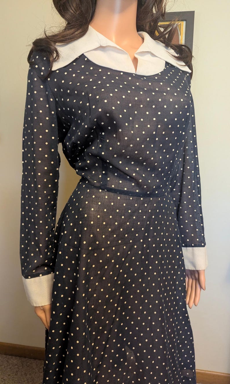 Vintage 1970s Sheer Navy Blue & White Polka Dot A-line Dress With White ...