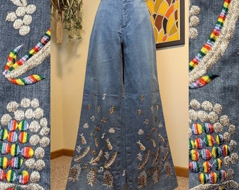 RARE Vintage 1970s Rainbow & Silver Embroidered Wide Bell Bottom Flare High Waist 100% Cotton Denim Jeans