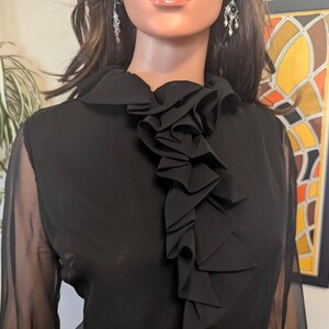 May include: Black sheer blouse with a ruffled collar. The blouse has long sleeves and a high neckline. The ruffles cascade down the front of the blouse. The blouse is made of a lightweight fabric.