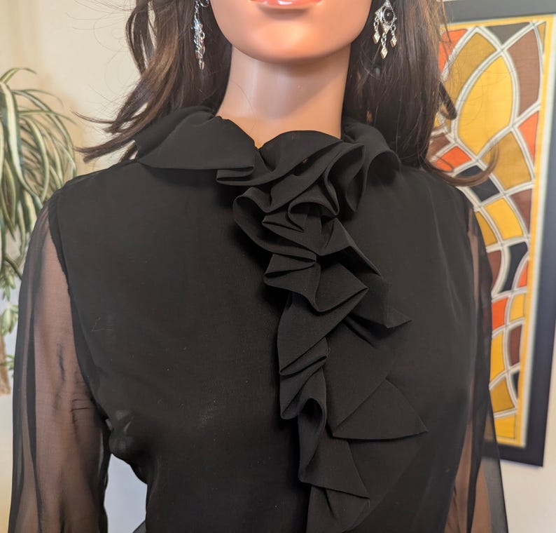 May include: Black sheer blouse with a ruffled collar. The blouse has long sleeves and a high neckline. The ruffles cascade down the front of the blouse. The blouse is made of a lightweight fabric.