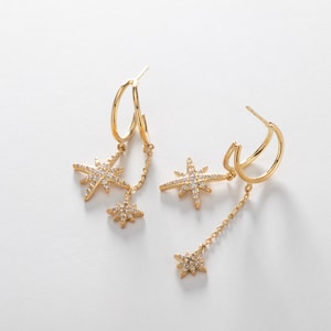 Double north star dangle half hoop earring