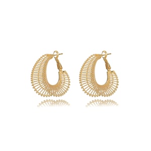 May include: A pair of gold-toned hoop earrings featuring a delicate, fan-shaped filigree design. The earrings are constructed with a fine, wire-like lattice structure that radiates outward from the post, creating a semi-circular, openwork pattern.
