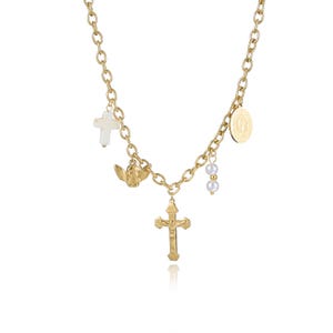 Glamorous Gold Cross Pendant Charm Necklace with Pearls for Divine Protection