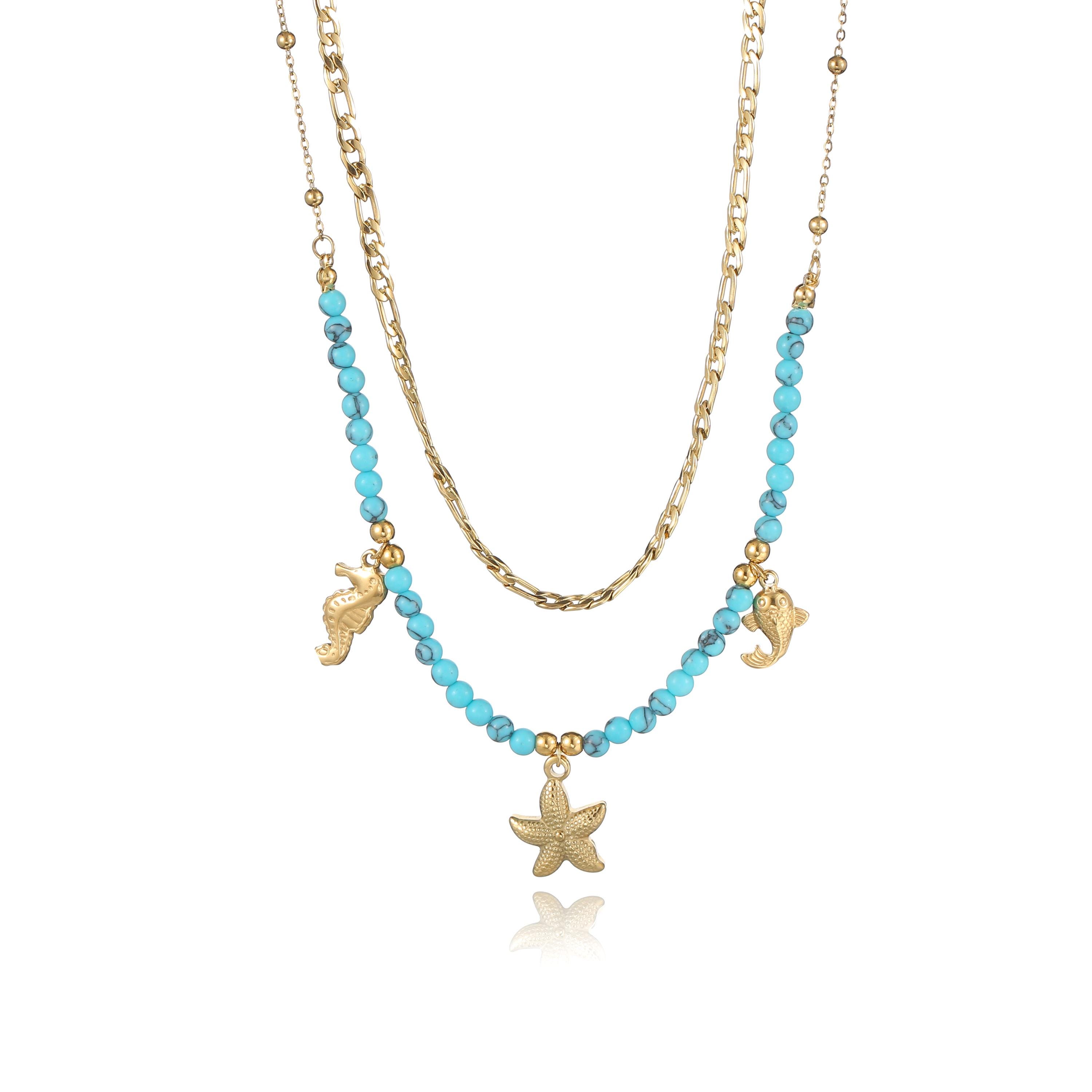 Gold Starfish Chain Body Necklace with Turquoise Beads The Carmel Beaded Necklace features a niobium sea star  main image 3