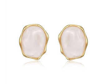 Minimalist Mother of Pearl Gold Earrings Organic Shape Jewelry