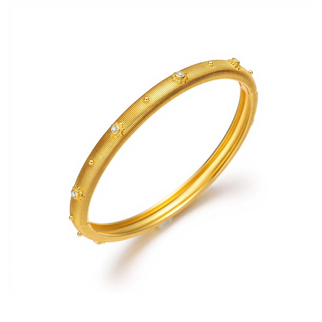 Modern 24K Gold Filled Ribbed Bangle With CZ Accents, Textured Elegant ...