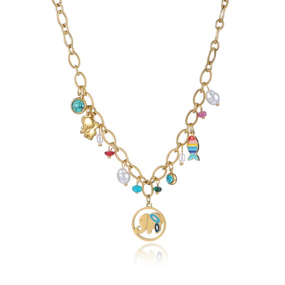 Good Luck Colorful Gold Elephant Layered Charm Necklace With