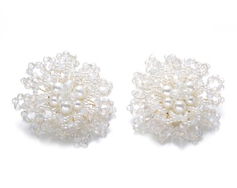 Crystal & Pearl Beaded Flower Earrings, Gold-Dipped Brass