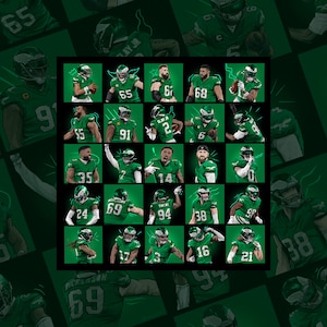 Puede incluir: Una cuadrícula de ilustraciones de jugadores de fútbol americano de los Philadelphia Eagles con sus uniformes verdes y blancos. Cada jugador se representa en una pose dinámica, con sus números de camiseta a la vista. El arte tiene un estilo cómic.