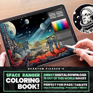 Pode incluir: Uma ilustração digital de um livro para colorir de um ranger espacial com 15 imagens. A imagem mostra a tela de um tablet que exibe uma ilustração colorida de um ranger espacial em um planeta com uma lua ao fundo. O texto "SPACE RANGER COLORING BOOK!" é exibido na tela. O texto "DIRECT DIGITAL DOWNLOAD 15 OUT OF THIS WORLD IMAGES" é exibido abaixo da tela. O texto "PERFECT FOR IPADS TABLETS Use in Photoshop, Procreate + More!" é exibido abaixo da tela.