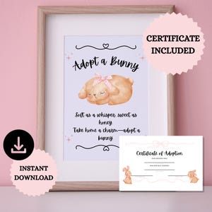 Adopt a Bunny Printable Sign & Certificate | Pastel Pink Bunny Party Decor | Coquette Birthday Favor | Soft Girl Digital Download