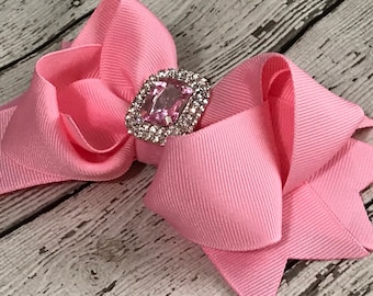 Pink Hair Bow: 5.5" Boutique Bow with Bling Center