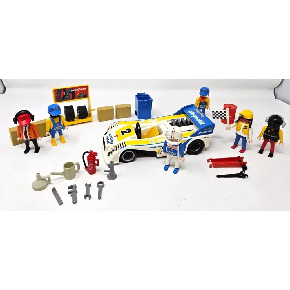 Vintage Playmobil 3738 White Race Car With Pit Crew 6 Figures