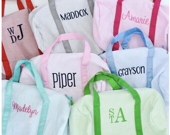 Monogrammed Seersucker Duffel Bag, Custom Seersucker Travel Overnight Bag, Personalized Overnight Bag