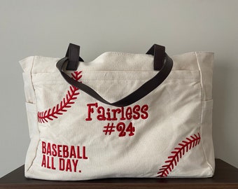 Monogrammed Canvas Baseball Tote Bag: Embroidered Design, Baseball Mom Gift