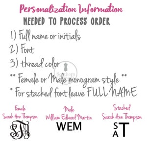 May include: A white informational graphic with pink and gray text detailing personalization requirements: 1) Full name or initials, 2) Font, 3) thread color, Female or Male monogram style, and instructions for stacked font using the full name.