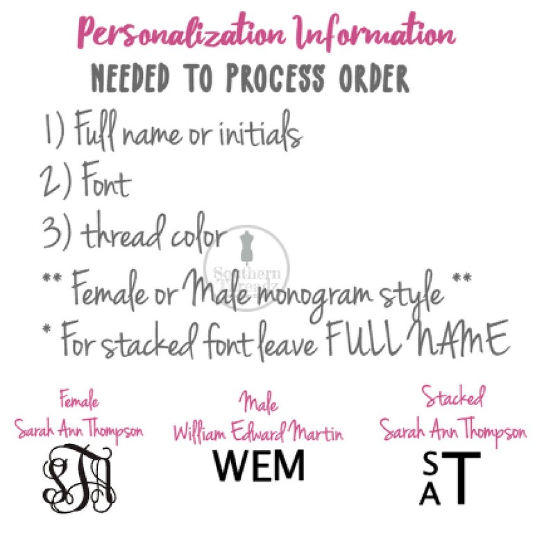 May include: A white informational graphic with pink and gray text detailing personalization requirements: 1) Full name or initials, 2) Font, 3) thread color, Female or Male monogram style, and instructions for stacked font using the full name.