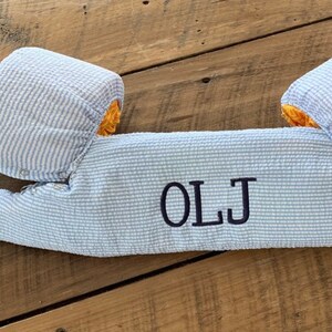 May include: Blue and white striped swim float with the name "OLJ" embroidered in black.