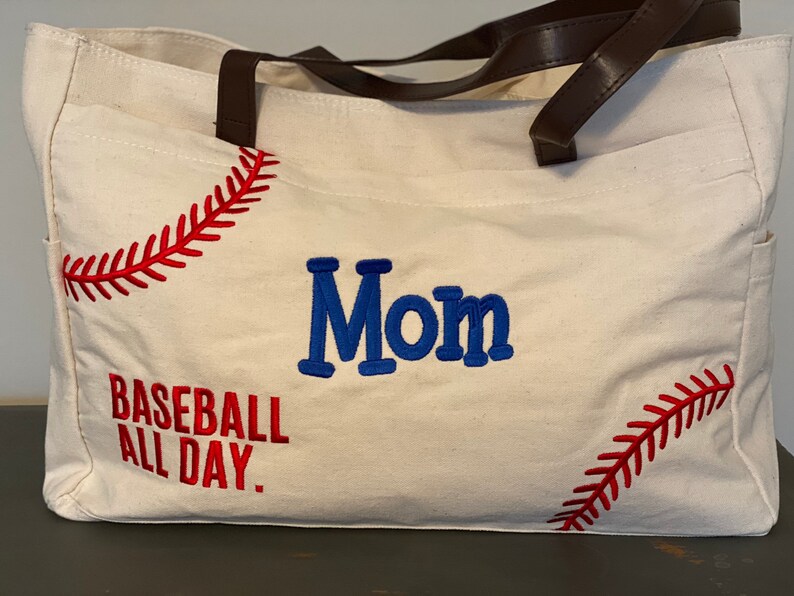 Monogrammed Canvas Baseball Tote Bag: Embroidered Design, Baseball Mom Gift image 7