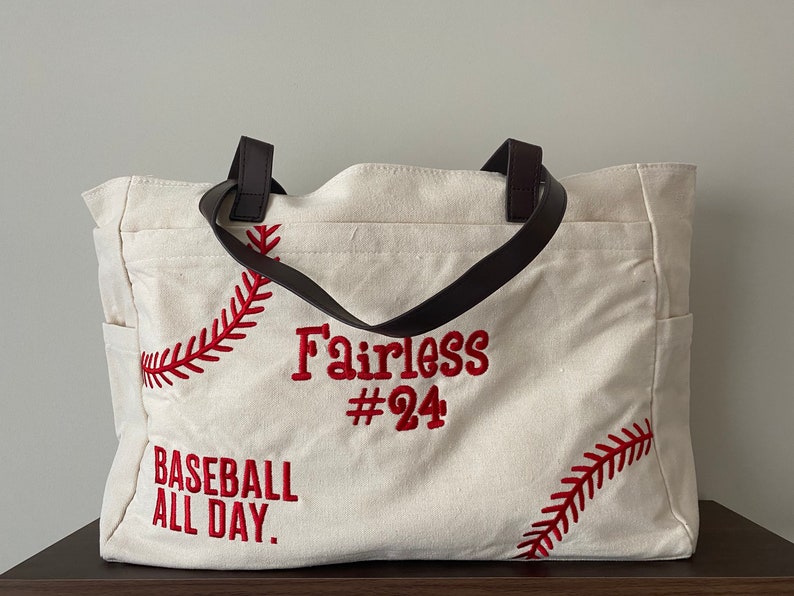 Personalized Baseball Tote Bag, Embroidered Name & Number, Baseball Mom Gift image 3