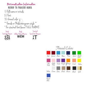 May include: Image with text detailing personalization information needed to process an order. Includes options for full name or initials, font, and thread color. Also shows thread color options and examples.