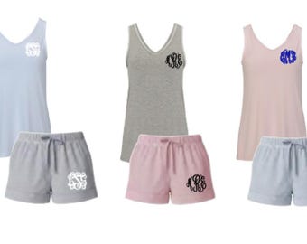 Monogrammed Seersucker Shorts Pajama Set - Custom Seersucker Tank and Short Pajama Set - Personalized Seersucker Pajamas