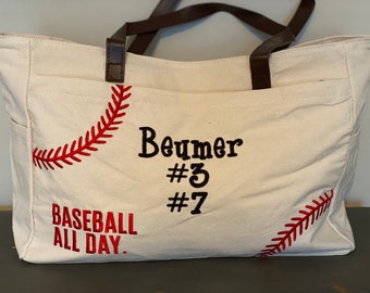 Monogrammed Canvas Baseball Tote Bag: Embroidered Design, Baseball Mom Gift