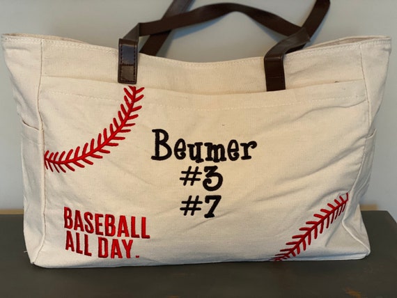 Monogrammed Canvas Baseball Tote Bag: Embroidered Design, Baseball Mom Gift