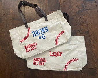 Personalized Baseball Tote Bag, Embroidered Name & Number, Baseball Mom Gift