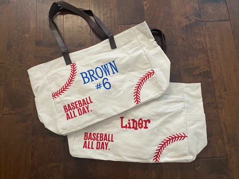 Personalized Baseball Tote Bag, Embroidered Name & Number, Baseball Mom Gift image 1