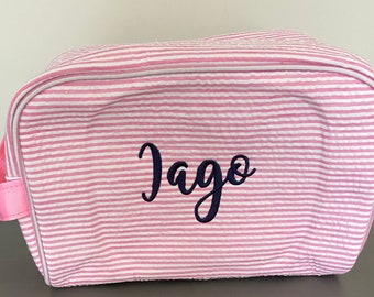 Monogrammed Seersucker Travel Bag - Custom Seersucker Cosmetics Bag- Seersucker Make Up Bag- Personalized Seersucker Bag