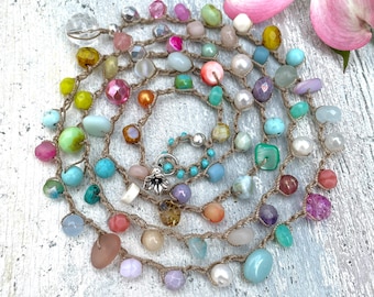 PASTEL Colored Crochet Wrap Semi-precious stones & Czech Glass Bracelet/Necklace/Anklet Boho Style and yoga surf friendly!