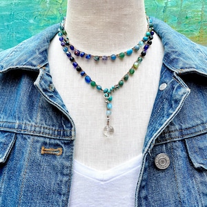 Long Boho Crochet Blue Beaded Necklace • Beaded Multi Wrap Bracelet • Long Layering Necklace • Lariat Beaded Choker