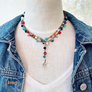 Multi Color Crochet Wrap Semi-precious stones & Czech Glass Bracelet/Necklace/Anklet ALL IN ONE! Boho Style and yoga surf friendly!