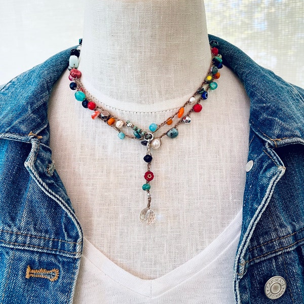 COLORFUL Long Beaded Necklace • Multi Color Beaded Crochet Wrap Bracelet/Necklace/Anklet All In One • Unique and One of A Kind