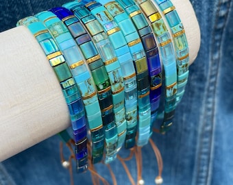 Blue TILA BRACELET! Adjustable Tile Beaded Friendship Bracelet • Colorful Square Glass Bracelet • Blue Ombre Everyday Bracelet