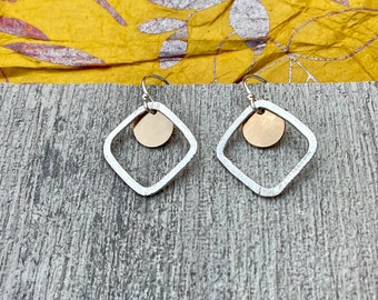 Silver and Gold Dangles • Minimalist Sterling & Gold Earrings • Hammered Circle Earrings • Everyday Mixed Metal Earrings
