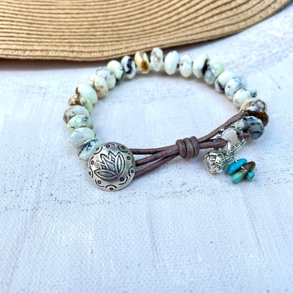 Hand-knotted Gemstone Bracelet • Neutral Gemstone and SILVER Bracelet • Sundance Style Beaded Bracelet • Handmade Gift For Her