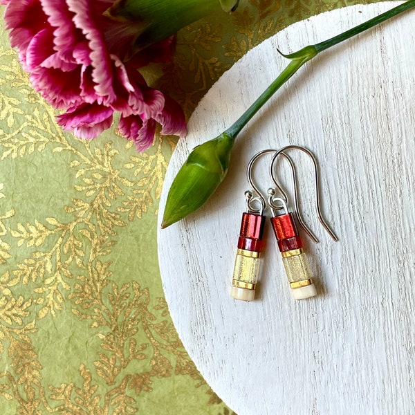 MINI Colorful Red Tila Bead Earrings • Miyuki Glass Square Earrings • Mac2u Short Dangle Earrings • Sterling Silver Red And Gold Tiles