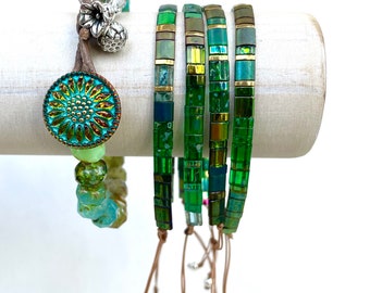 Emerald Green and Gold Friendship Bracelet • Adjustable Tila Tile Bead Wrap • Minimalist String Wrap • Everyday Jewelry • Gift For Friend!