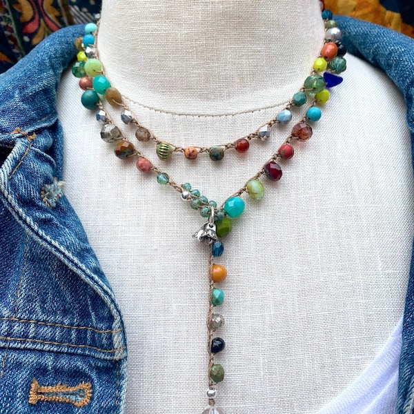 Multi Color Crochet Wrap Semi-precious stones & Czech Glass Bracelet/Necklace/Anklet ALL IN ONE! Boho Style and yoga surf friendly!