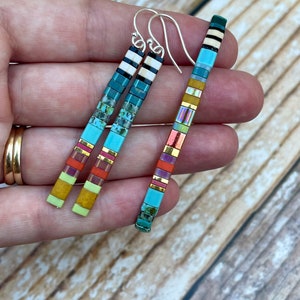 Colorful Long Tila Bead Earrings • Miyuki Glass Square Tile Dangle Earrings • Sterling silver Color Block Bead Earrings • Gift for her