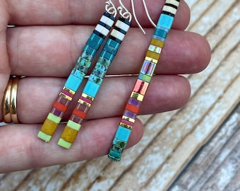 Colorful Long Tila Bead Earrings • Miyuki Glass Square Tile Dangle Earrings • Sterling silver Color Block Bead Earrings • Gift for her