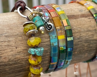 Colorful Glass Tile Bead Bracelet • Adjustable Tila Friendship Wrap • Prismatic Colored Bracelet • Yellowstone Bracelet • Handmade Gift
