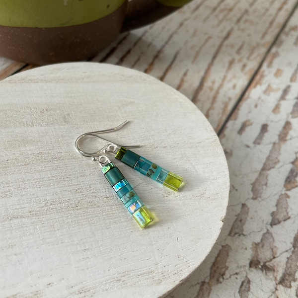 MINI Colorful Tila Bead Earrings • Aqua Blue Ombre Short Dangle Earrings • Minimalist Glass Tile Dangles