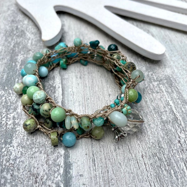 Blue and Green Gemstone & Glass Beachy Crochet Wrap • Semi-precious stones Bracelet/Necklace/Anklet ALL IN ONE! • Boho Style and Yoga Surf