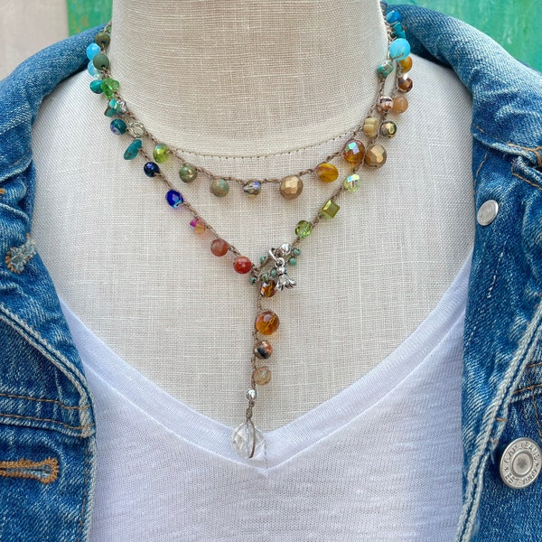 Multi Color Earth-tones Crochet Wrap Semi-precious stones & Czech Glass Bracelet/Necklace/Anklet ALL IN ONE!