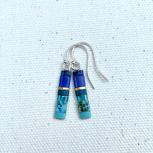 MINI Colorful Tila Bead Earrings • Blue Ombre Short Dangle Earrings • Minimalist Glass Tile Dangles